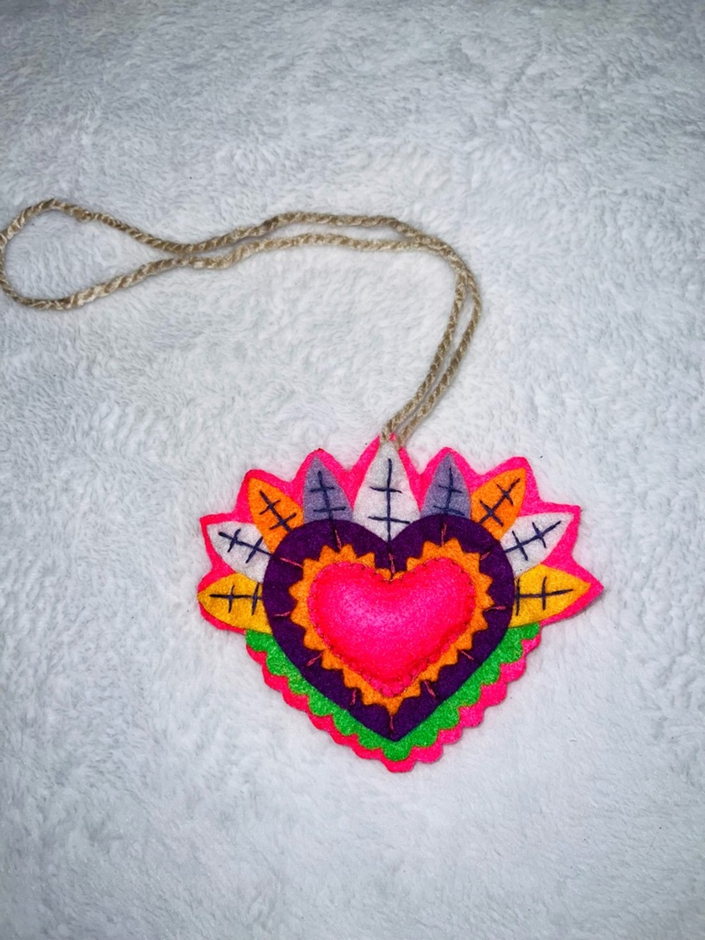 Hand Crafted Vibrant Multicolor Sacred Heart Pendant Bag Ornament.
